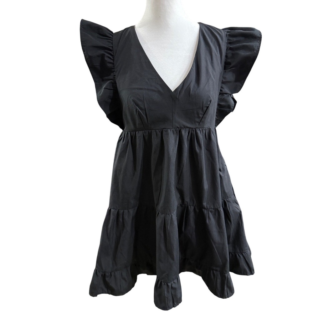 Abercrombie‎ & Fitch Black Ruffle Sleeve Tiered Mini Dress XS V-Neck Babydoll